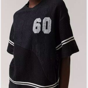 Black Mesh Knit Top with White Stripes